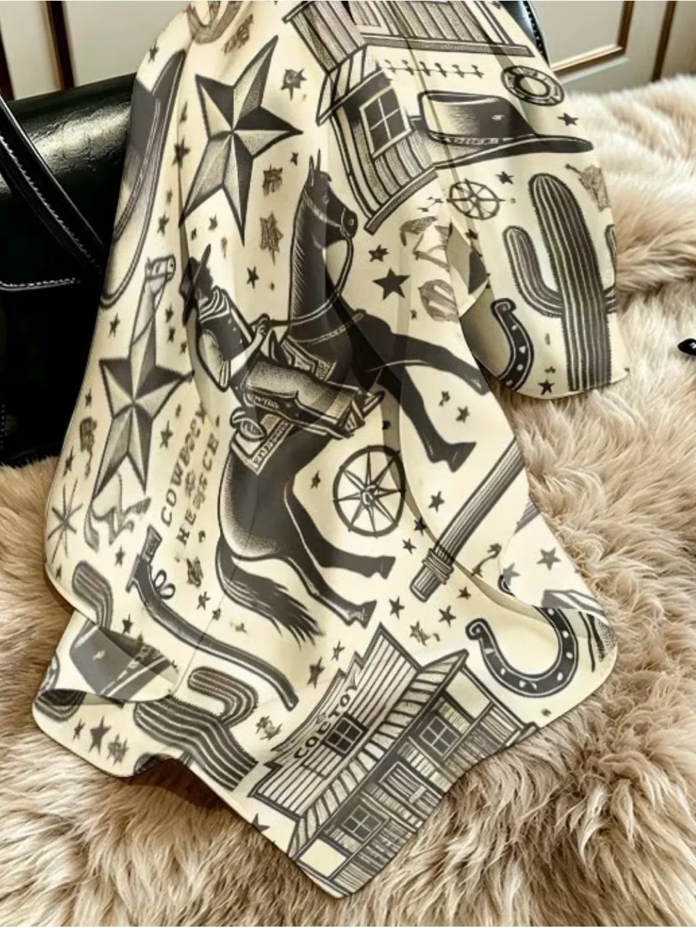 Cowboy Print Western Scarf - Cream & Black